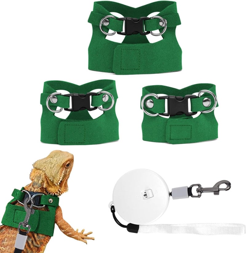 VOXGET 3 Pack Bearded Dragon Leash and Harness Set, Retractable 9.8FT Leash with 3 Sizes Adjustable Soft Harness for Reptile Small Animals Walking, Cute Lizard Vest Clothes for Reptile Lovers -Green - Image 1